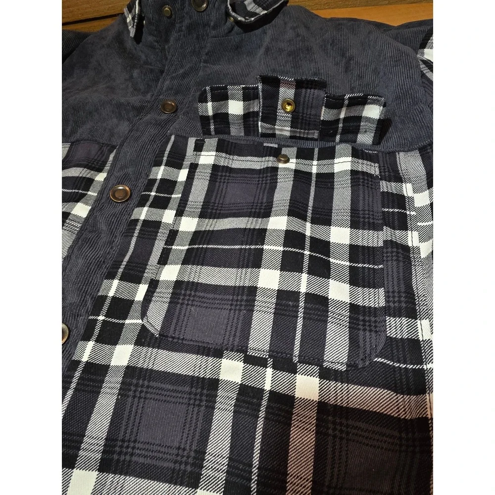 The North Face Mens Plaid Flannel Sherpa Lined Shirt Jacket Corduroy Trim Blk XL
